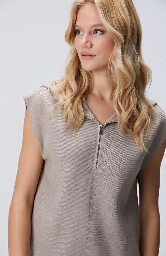 Vizon Verev Desen Örgü Kapüşonlu Kolsuz Kazak