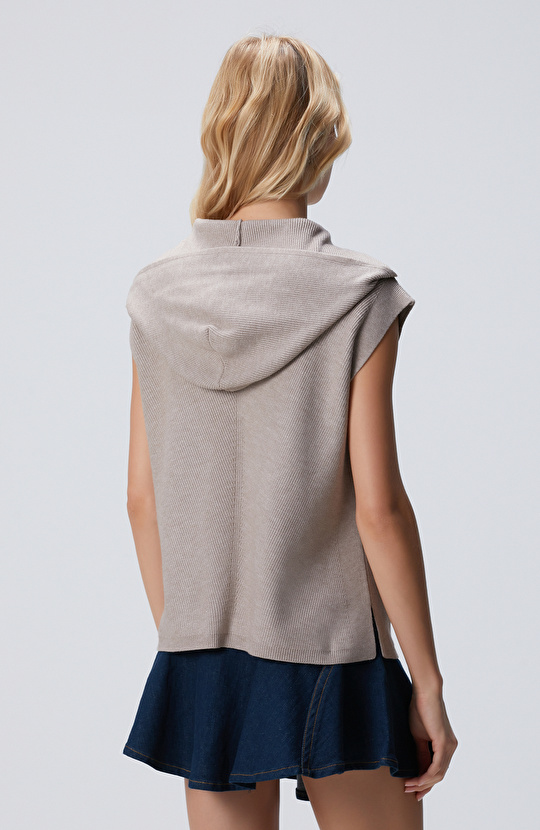 Vizon Verev Desen Örgü Kapüşonlu Kolsuz Kazak