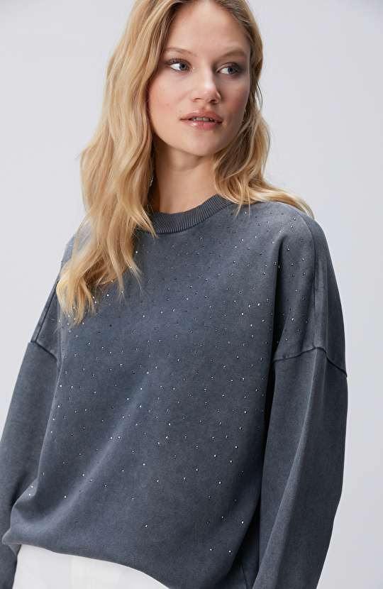 Antrasit Taşlı Sweatshirt