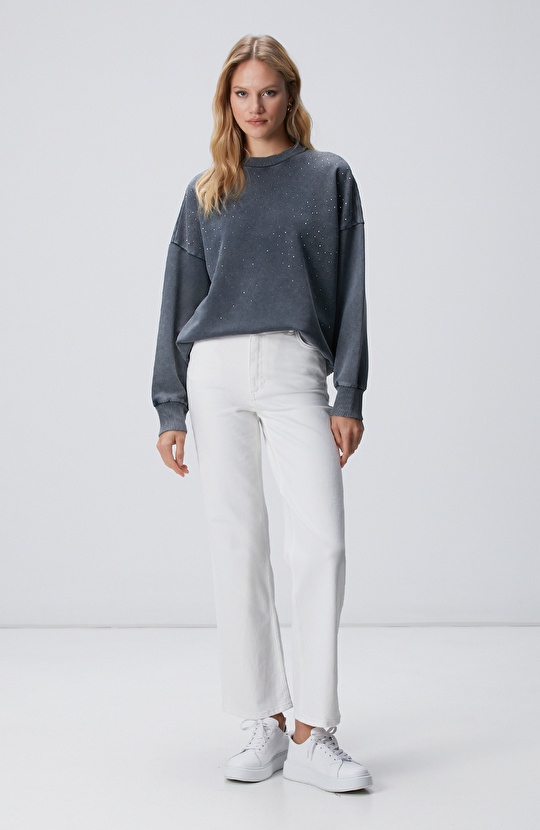 Antrasit Taşlı Sweatshirt