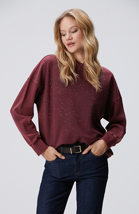 Bordo Taşlı Sweatshirt