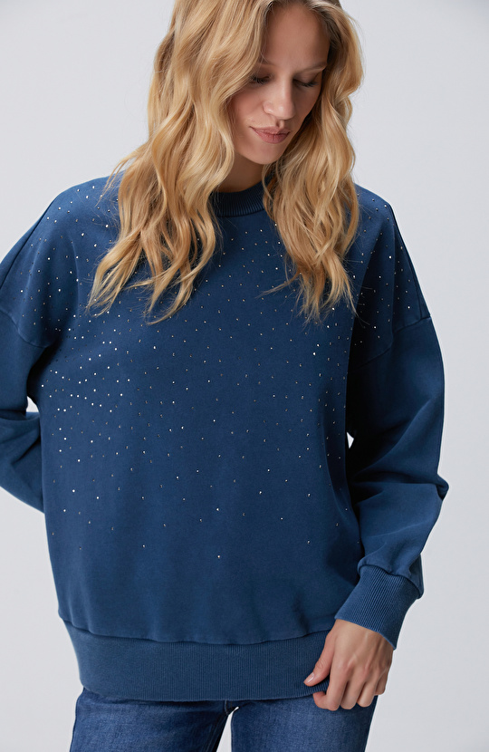 İndigo Taşlı Sweatshirt