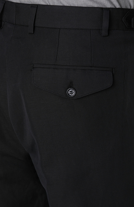 Siyah Diyagonal Desenli Keten Karışımlı Pantolon