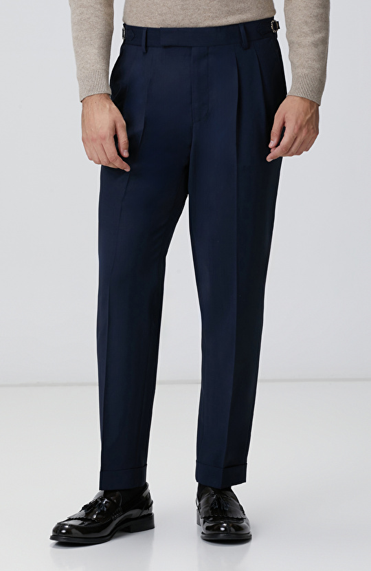 Lacivert Keten Karışımlı Pantolon