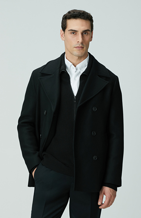 Siyah Kruvaze Yaka Diyagonal Kaban