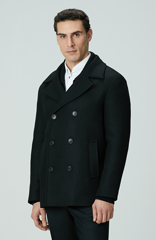 Siyah Kruvaze Yaka Diyagonal Kaban