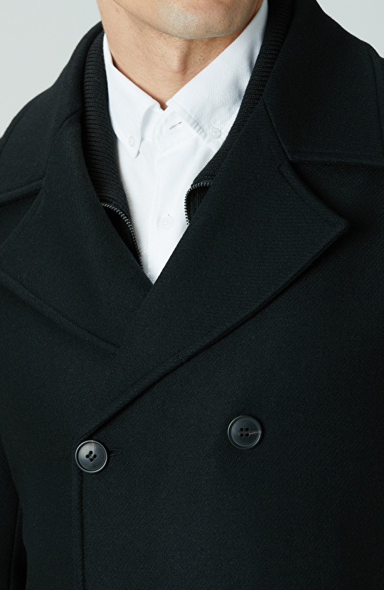 Siyah Kruvaze Yaka Diyagonal Kaban