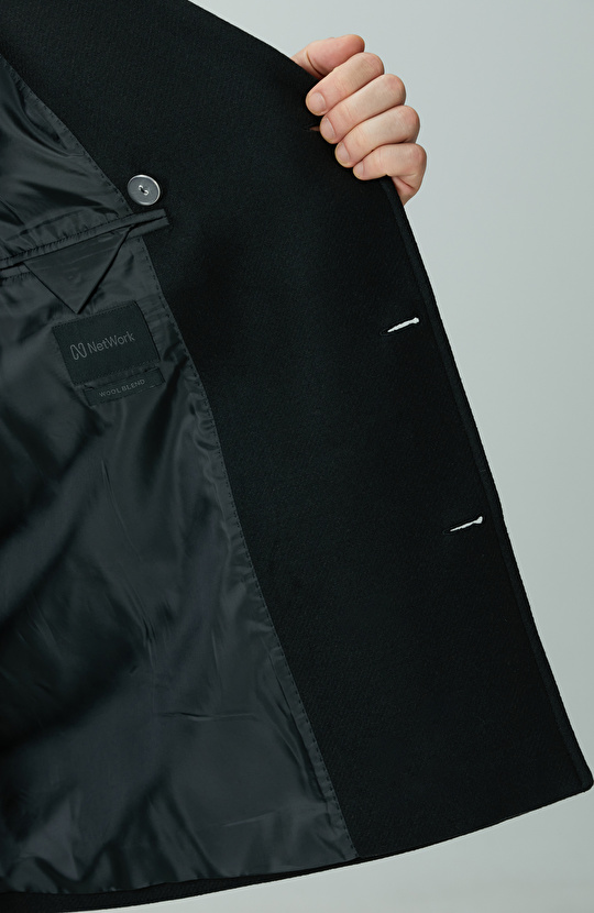 Siyah Kruvaze Yaka Diyagonal Kaban