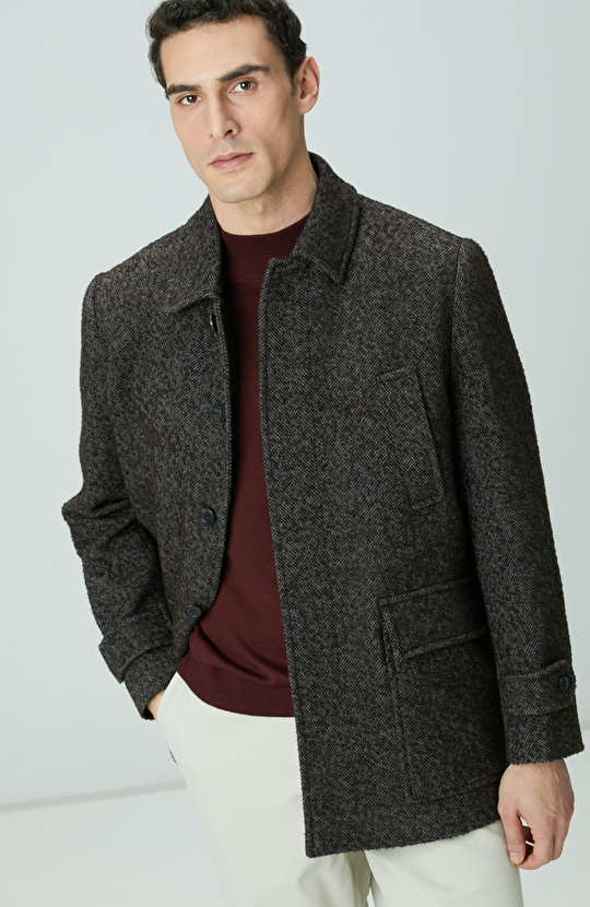 Kahverengi Yün Karışımlı Kaban