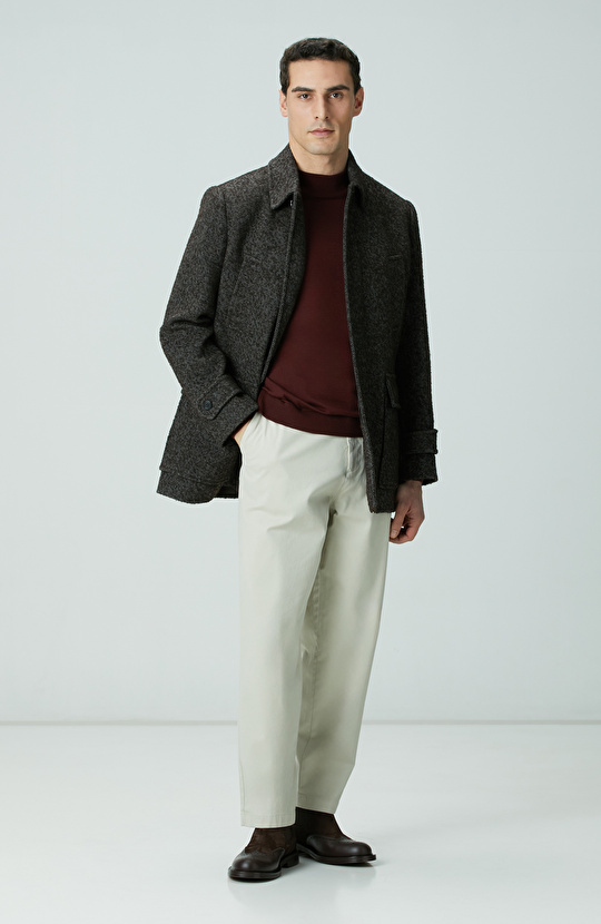 Kahverengi Yün Karışımlı Kaban