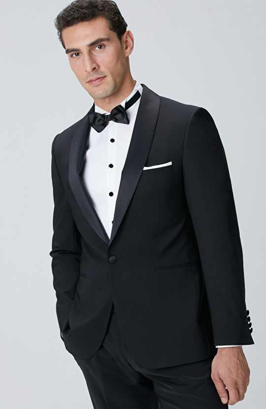 Siyah Yün Karışımlı Şal Yaka Smokin Takım Elbise