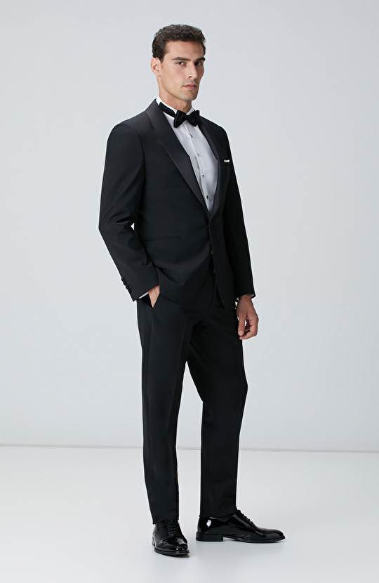 Siyah Yün Karışımlı Şal Yaka Smokin Takım Elbise