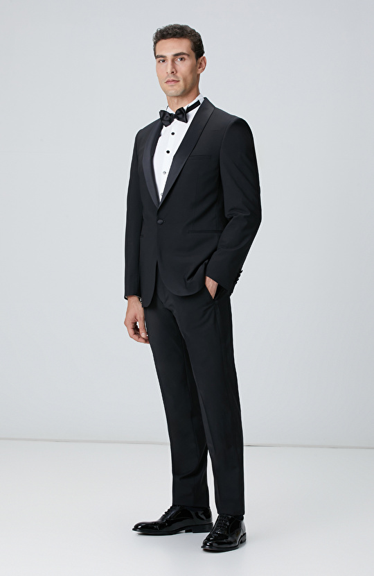 Siyah Yün Karışımlı Şal Yaka Smokin Takım Elbise