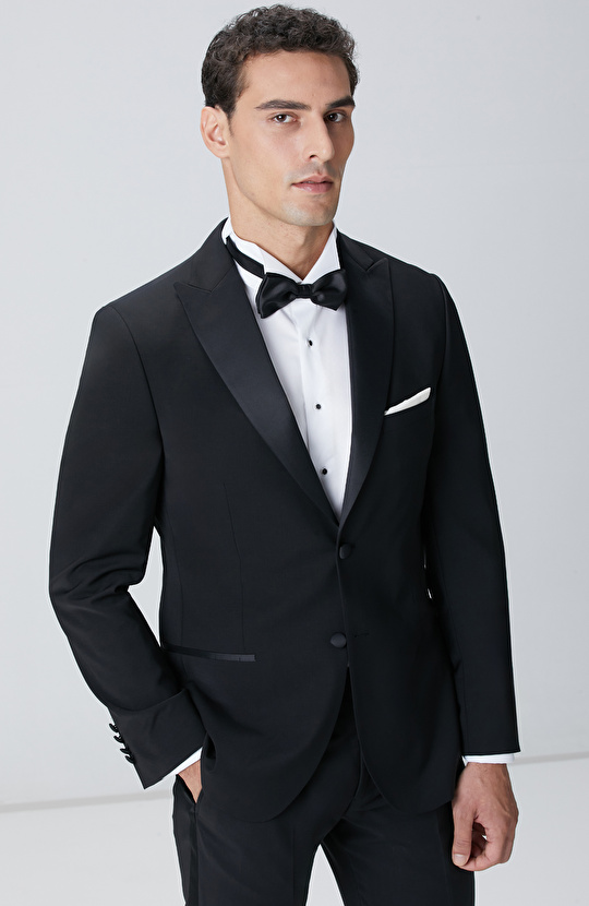 Siyah Yün Karışımlı Smokin Takım Elbise