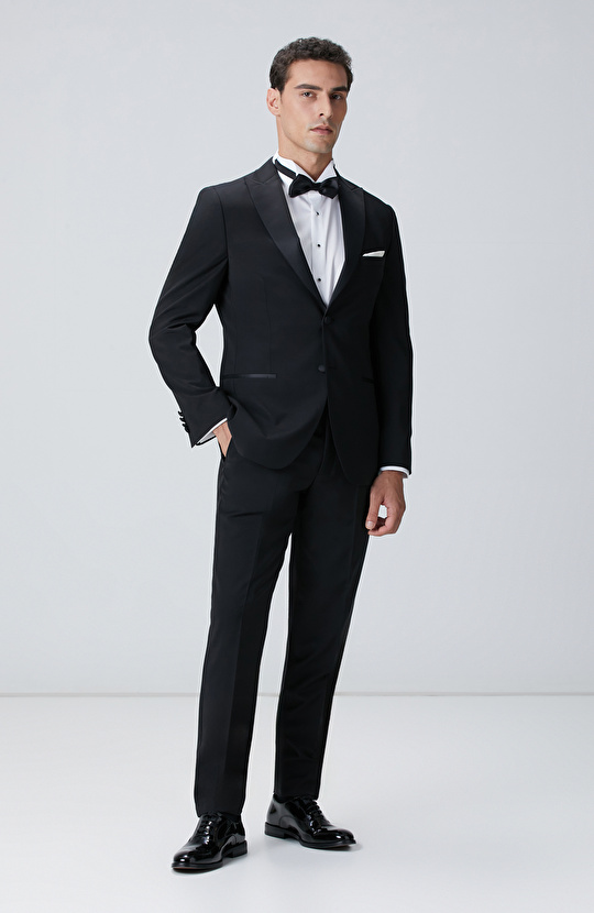 Siyah Yün Karışımlı Smokin Takım Elbise