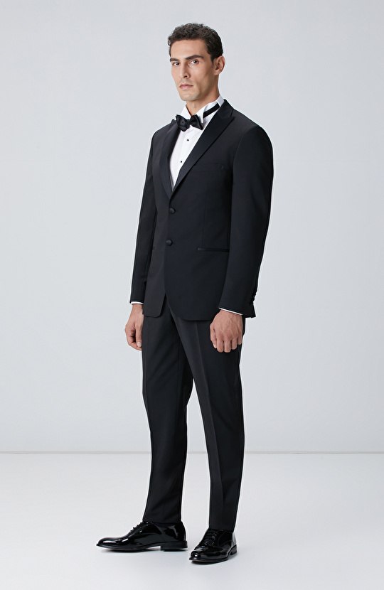 Siyah Yün Karışımlı Smokin Takım Elbise