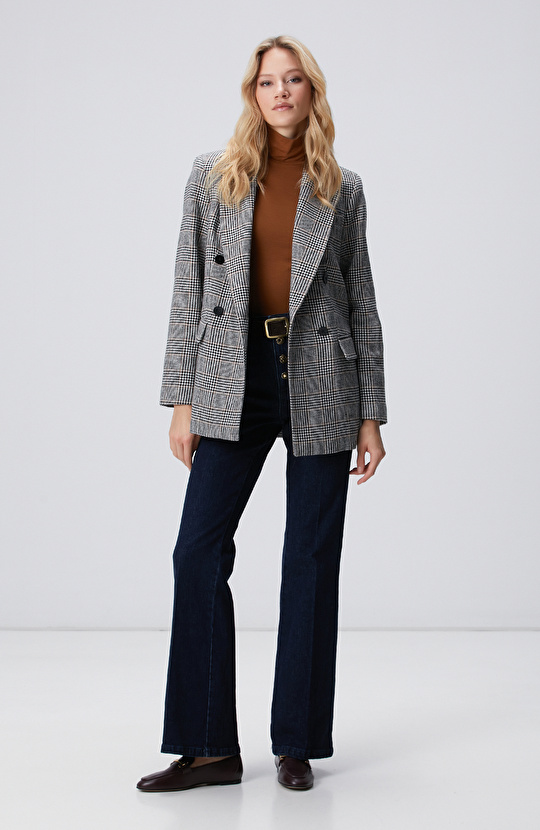 Siyah Kırık Beyaz Yün Karışımlı Ceket