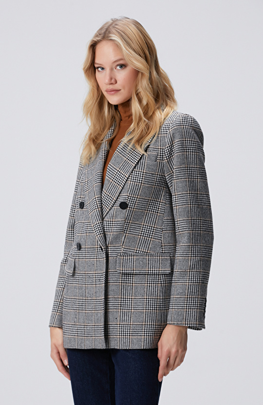 Siyah Kırık Beyaz Yün Karışımlı Ceket