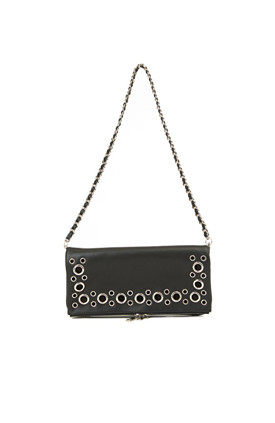 Siyah Zincir Askılı Kadın Deri Clutch