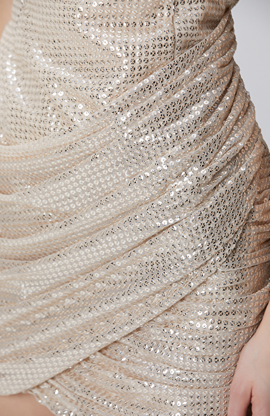 Gold Altın Rengi Payetli Mini Abiye Elbise