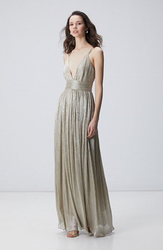 Gold Altın Rengi Maxi Abiye Elbise