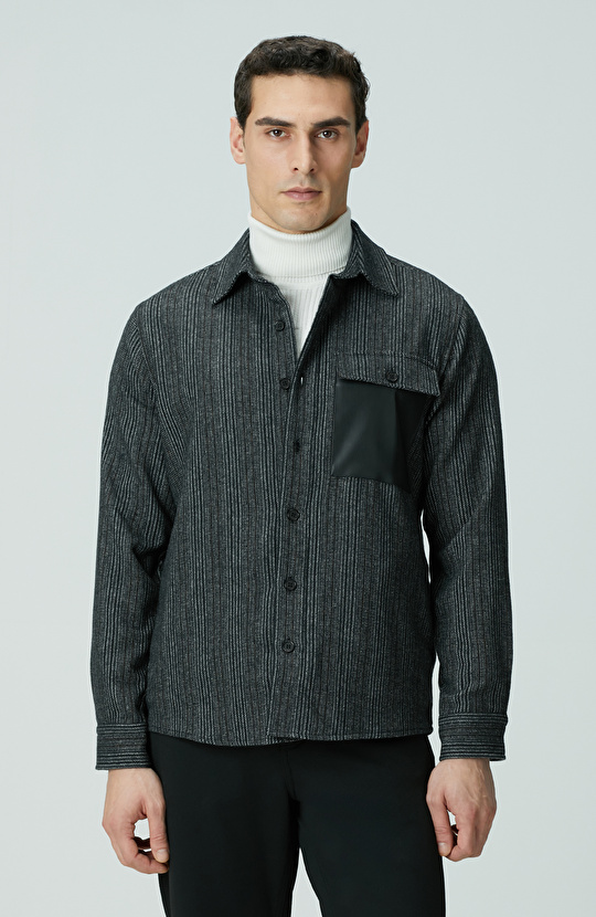 Antrasit Yün Karışımlı Çizgili Dış Gömlek