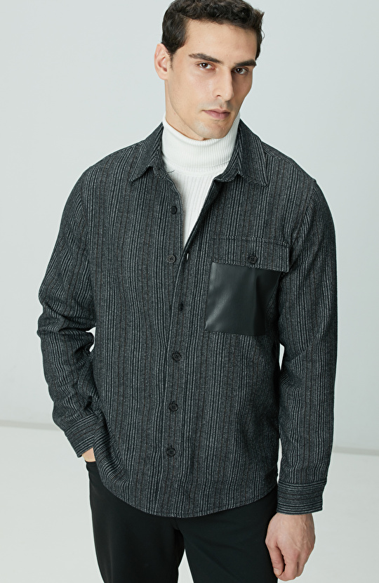 Antrasit Yün Karışımlı Çizgili Dış Gömlek