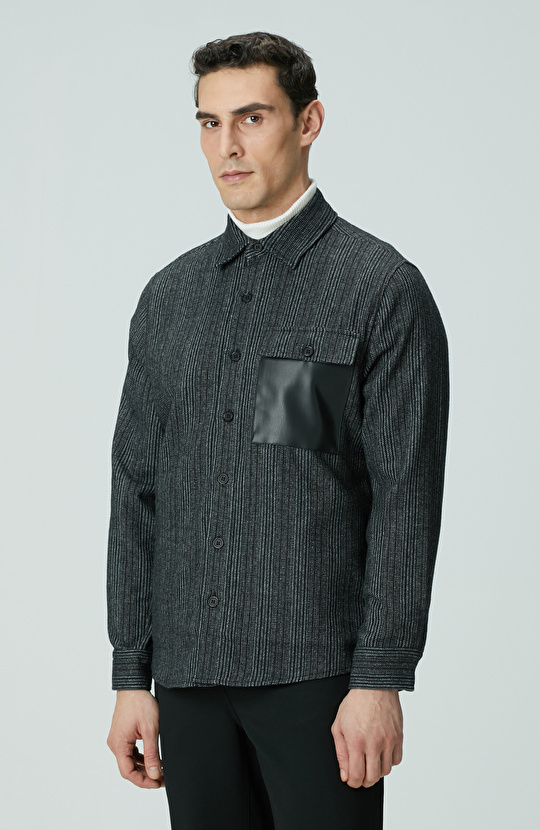 Antrasit Yün Karışımlı Çizgili Dış Gömlek
