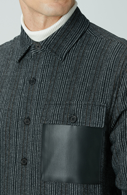 Antrasit Yün Karışımlı Çizgili Dış Gömlek