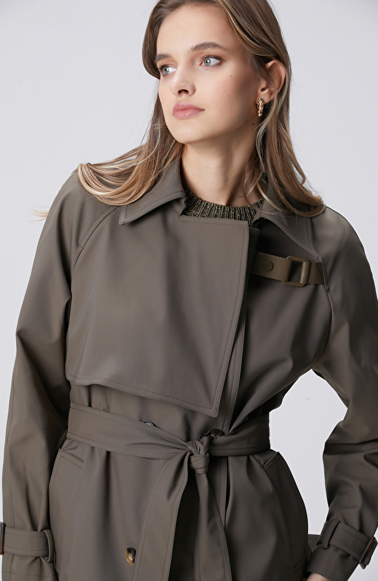 Haki Yakası Kemerli Trençkot