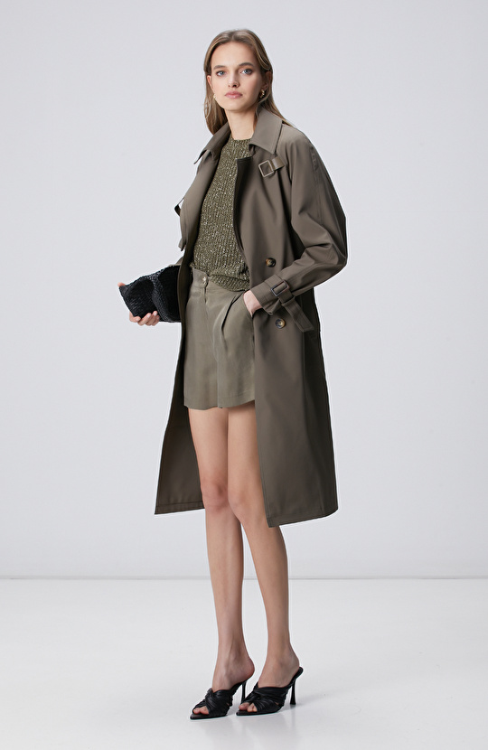 Haki Yakası Kemerli Trençkot