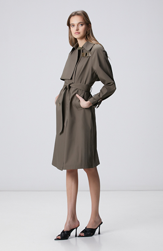 Haki Yakası Kemerli Trençkot