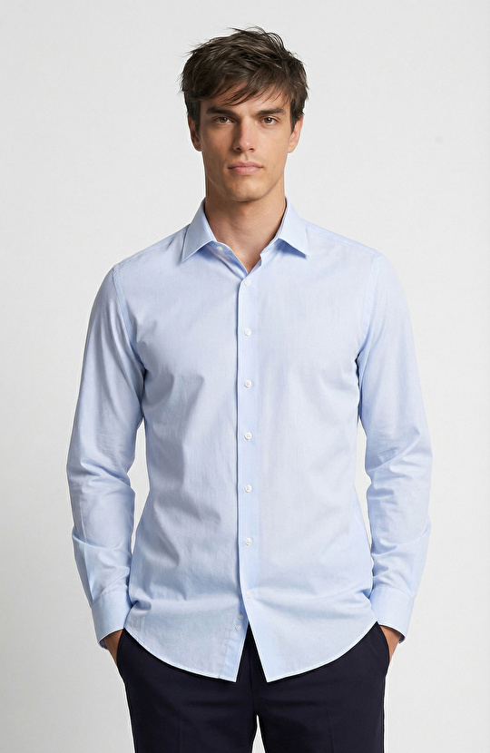 Non-Iron Mavi Beyaz Çizgili Gömlek