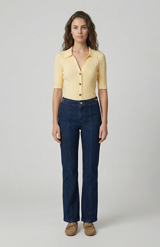 Sarı Polo V Yaka Kısa Kol Triko