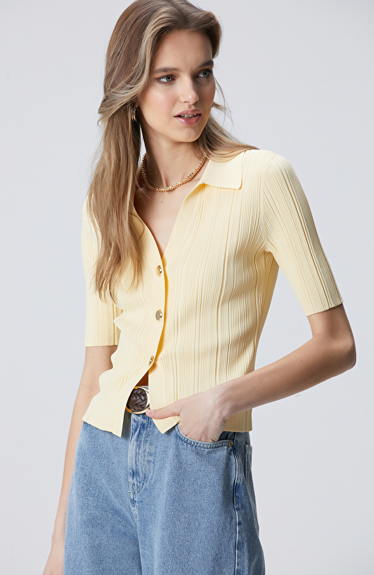 Sarı Polo Yaka Kısa Kol Triko Hırka