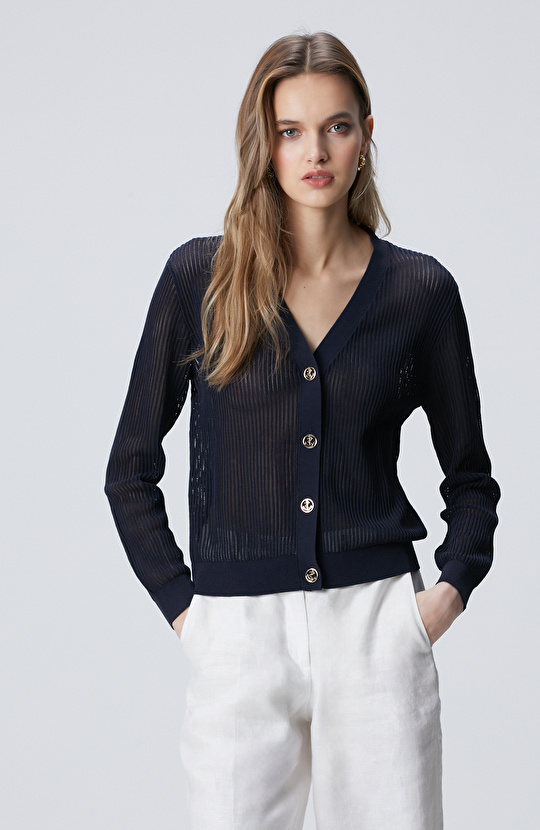 Lacivert Ajur Detaylı Triko Hırka