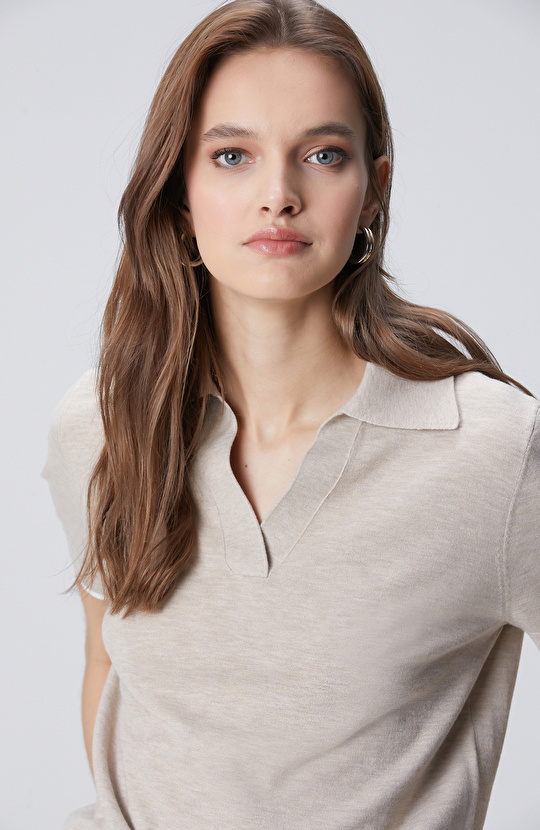 Bej Garnili Polo Yaka Triko