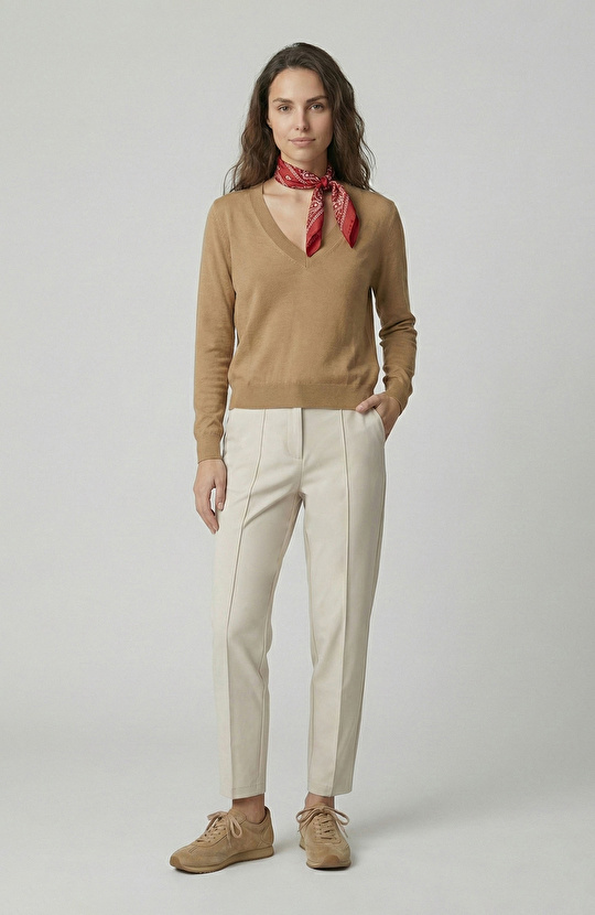 Yağ Yeşili İpek Karışımlı V Yaka Kazak