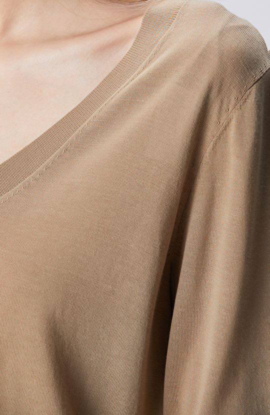 Limited Yağ Yeşili İpek Karışımlı V Yaka Kazak