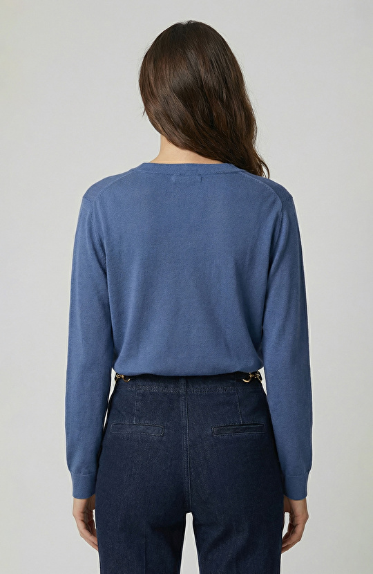 Mavi İpek Karışımlı V Yaka Kazak