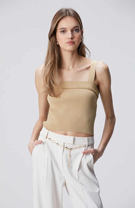 Bej Askılı Düz Yaka Triko