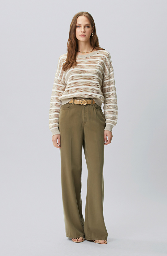 Wide Leg Haki Tencel Karışımlı Casual Pantolon