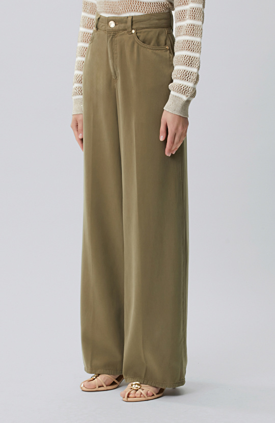 Wide Leg Haki Tencel Karışımlı Casual Pantolon