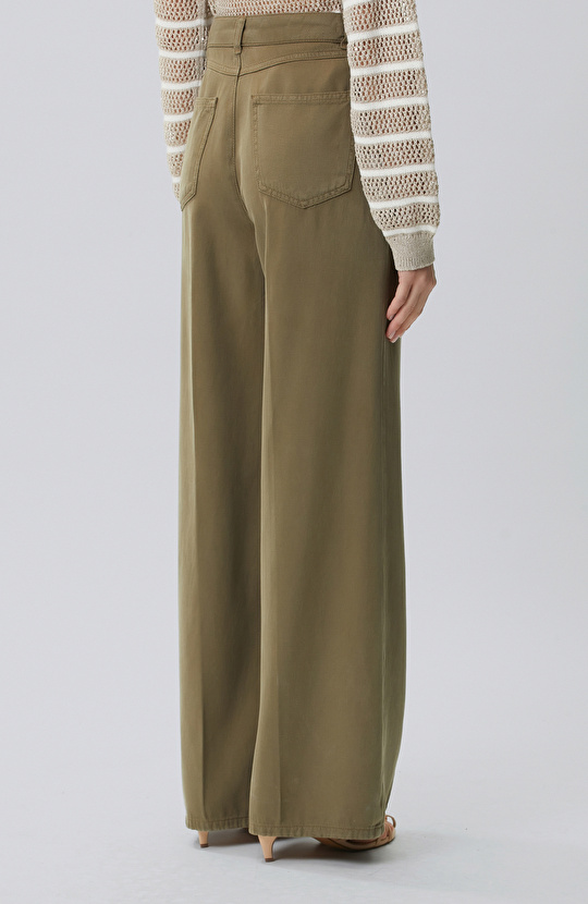 Wide Leg Haki Tencel Karışımlı Casual Pantolon