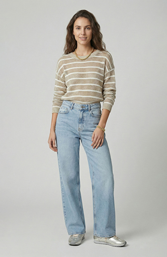 Açık Indigo Mavi Geniş Paça Denim Pantolon