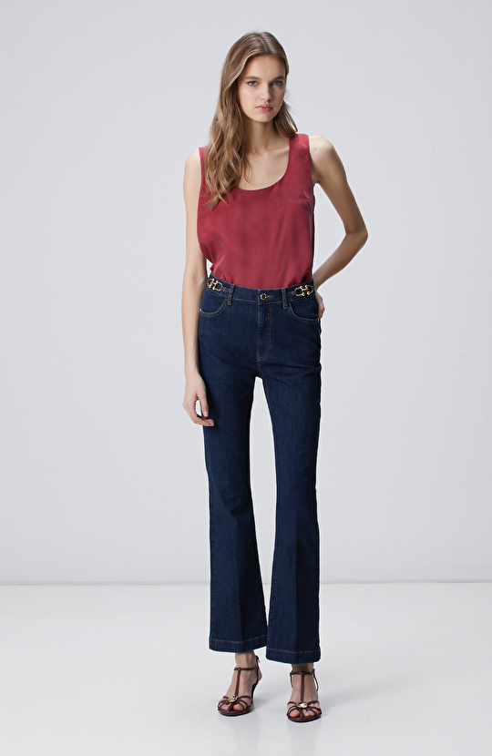 İndigo Aksesuarlı Flare Kalıp Denim Pantolon