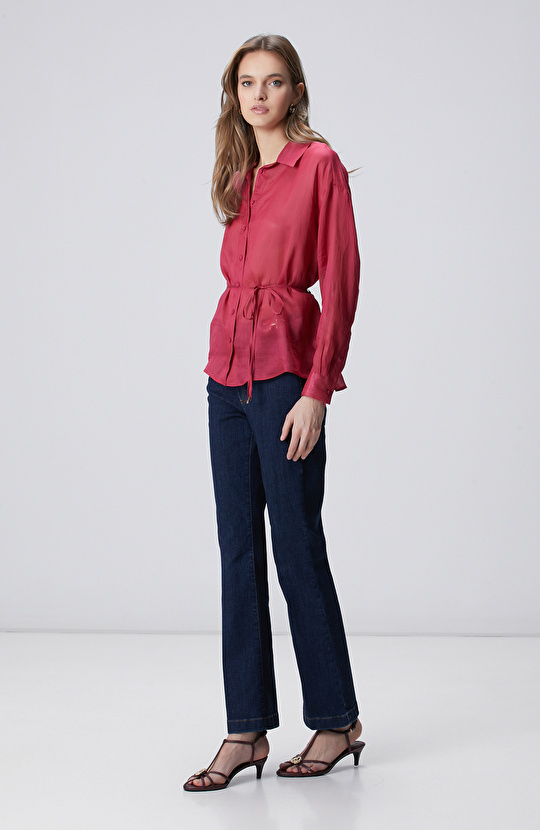 İndigo Aksesuarlı Flare Kalıp Denim Pantolon