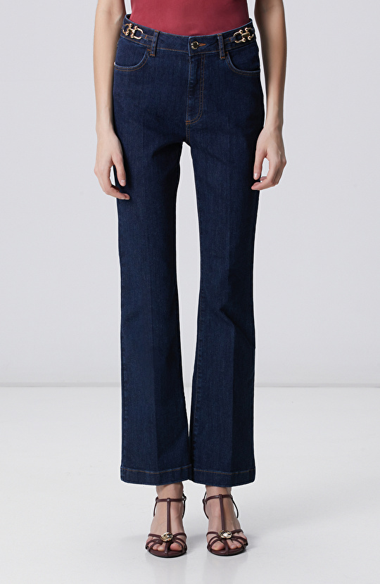 İndigo Aksesuarlı Flare Kalıp Denim Pantolon