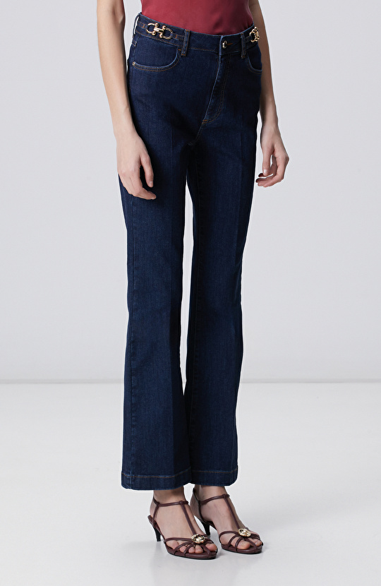 İndigo Aksesuarlı Flare Kalıp Denim Pantolon