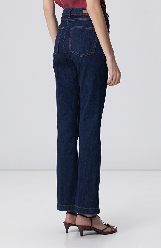 İndigo Aksesuarlı Flare Kalıp Denim Pantolon